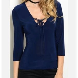 Blue 3/4 Sl Lace-up Party Glam Cleavage Top New